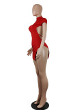 Red Sexy Solid Patchwork Backless Slit Half A Turtleneck One Step Skirt Dresses