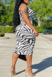 Black White Fashion Casual Print Hollowed Out O Neck Sleeveless Dress