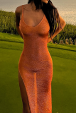 Tangerine Red Sexy Solid Slit Spaghetti Strap Irregular Dress Dresses