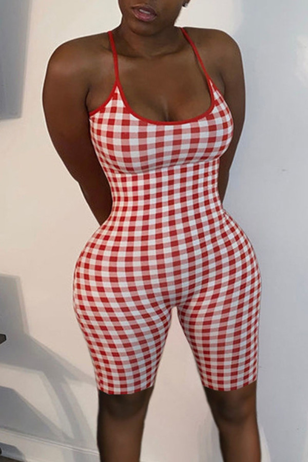 Red Sexy Plaid Print Patchwork Spaghetti Strap Regular Rompers