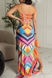 Colour Sexy Print Hollowed Out Split Joint Strapless Printed Dress Dresses