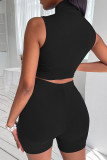 Coffee Casual Sportswear Solid Patchwork O Neck Sleeveless Two Pieces