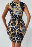 Black Sexy Print Hollowed Out Patchwork V Neck One Step Skirt Dresses
