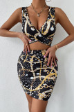 Black Sexy Print Hollowed Out Patchwork V Neck One Step Skirt Dresses