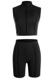 Coffee Casual Sportswear Solid Patchwork O Neck Sleeveless Two Pieces