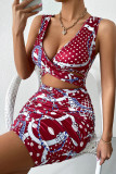 Black Sexy Print Hollowed Out Patchwork V Neck One Step Skirt Dresses