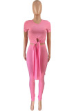 Pink Casual Solid Patchwork Slit Asymmetrical O Neck Short Sleeve Two Pieces