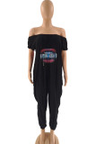 Red Casual Print Patchwork Off the Shoulder Loose Jumpsuits
