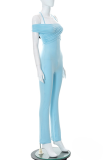 Blue Sexy Solid Patchwork Halter Skinny Jumpsuits