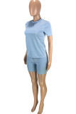 Light Blue Fashion Casual Solid Basic O Neck Short Sleeve Two Pieces
