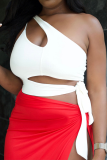 White Sexy Solid Patchwork One Shoulder Tops