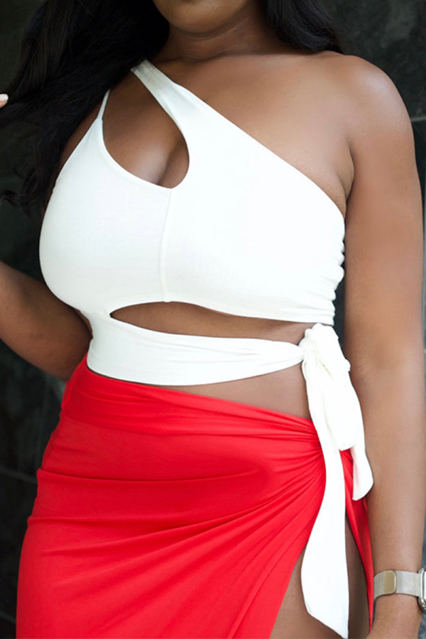 White Sexy Solid Patchwork One Shoulder Tops