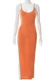 Tangerine Red Sexy Solid Slit Spaghetti Strap Irregular Dress Dresses