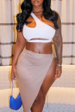 White Sexy Solid Patchwork One Shoulder Tops