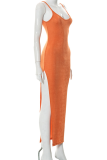 Tangerine Red Sexy Solid Slit Spaghetti Strap Irregular Dress Dresses