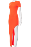 Tangerine Red Sexy Solid Patchwork O Neck Irregular Dress Dresses
