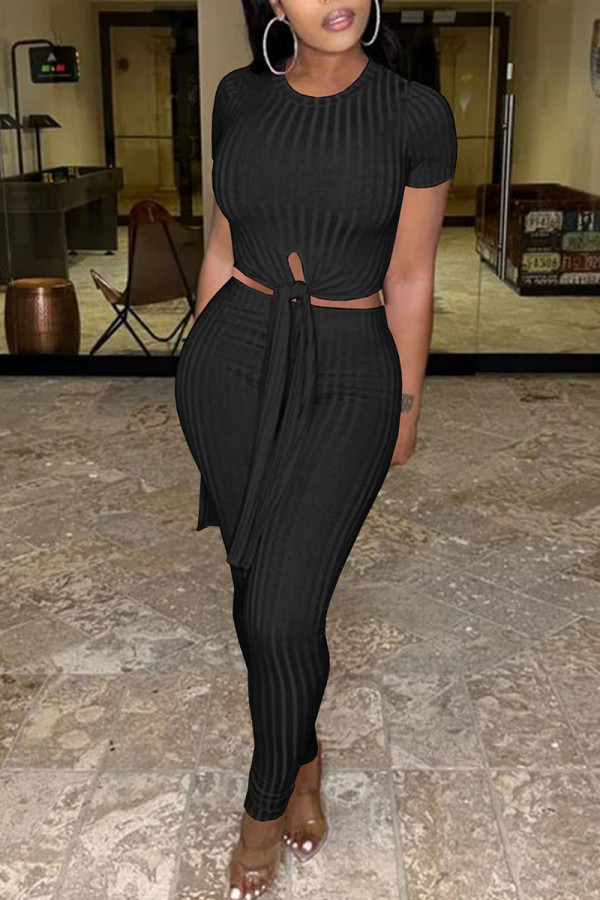 Black Casual Solid Patchwork Slit Asymmetrical O Neck Short Sleeve Two Pieces