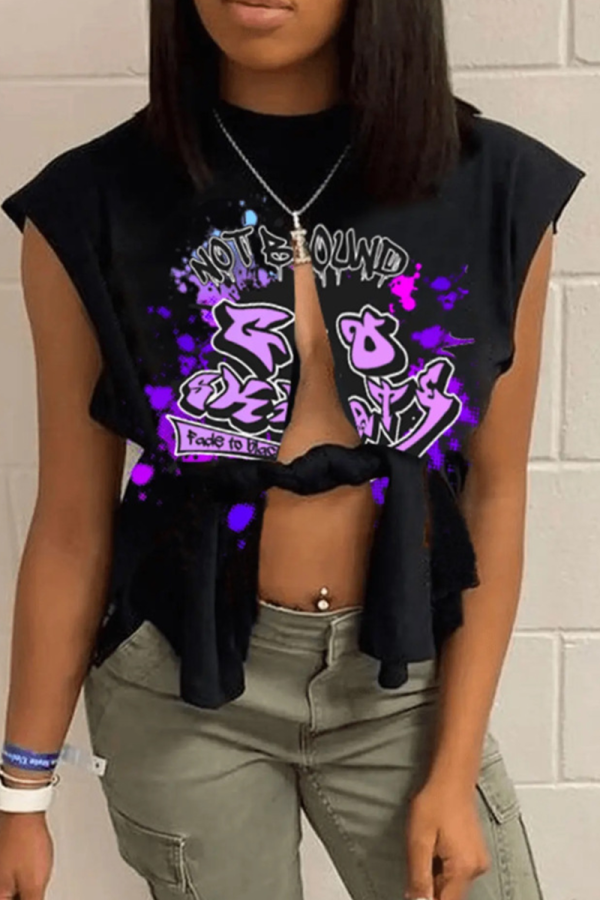 Black Sexy Print Hollowed Out O Neck T-Shirts