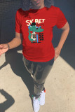 Red Fashion Casual Letter Cartoon Print Basic O Neck T-Shirts
