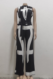 Black And White Sexy Print Patchwork V Neck Straight Jumpsuits