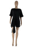 Coffee Fashion Casual Solid Tassel Patchwork Asymmetrical O Neck T-Shirts