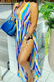 Blue Fashion Casual Striped Print Backless Slit Halter Sleeveless Two Pieces