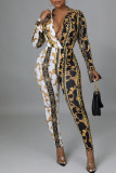 Multicolor Sexy Print Patchwork V Neck Regular Jumpsuits