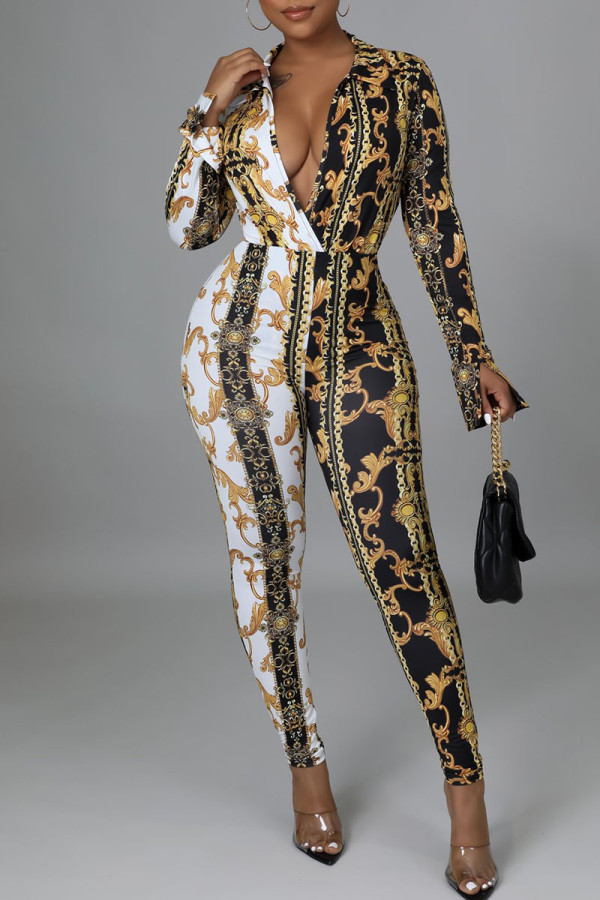 Multicolor Sexy Print Patchwork V Neck Regular Jumpsuits