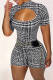 Black Fashion Casual Print Hollowed Out Turtleneck Skinny Romper