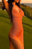 Tangerine Red Sexy Solid Slit Spaghetti Strap Irregular Dress Dresses