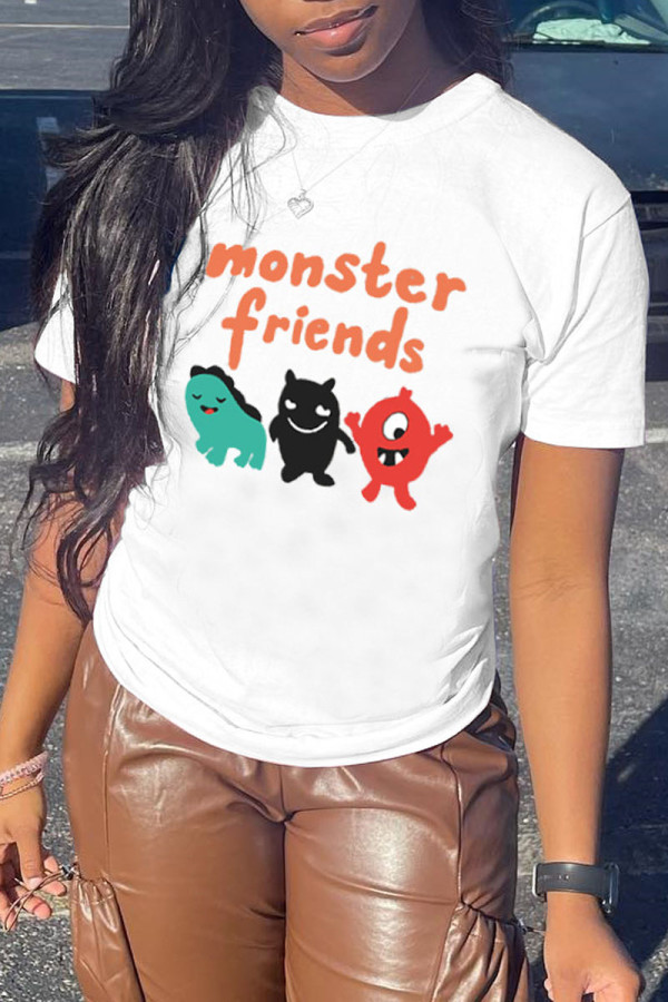 White Fashion Casual Letter Cartoon Print Basic O Neck T-Shirts