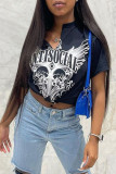 Black Casual Street Print Patchwork V Neck T-Shirts