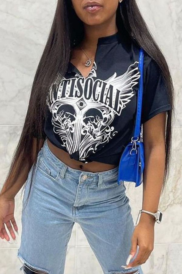 Black Casual Street Print Patchwork V Neck T-Shirts