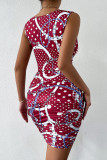 Black Sexy Print Hollowed Out Patchwork V Neck One Step Skirt Dresses