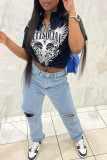 Black Casual Street Print Patchwork V Neck T-Shirts