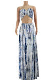 Navy Blue Fashion Sexy Casual Print Backless Slit Strapless Sleeveless Two Pieces