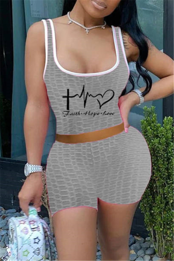 Grey Fashion Casual Print Basic U Neck Sleeveless Two Pieces