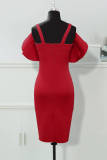 Red Fashion Sexy Solid Patchwork Backless Spaghetti Strap Evening Dress Dresses