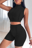 Coffee Casual Sportswear Solid Patchwork O Neck Sleeveless Two Pieces