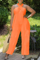 Orange Fashion Casual Solid Hollowed Out Backless Halter Regular Jumpsuits