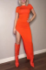 Tangerine Red Sexy Solid Patchwork O Neck Irregular Dress Dresses