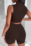 Coffee Casual Sportswear Solid Patchwork O Neck Sleeveless Two Pieces