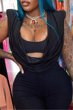 Black Fashion Sexy Solid Patchwork U Neck T-Shirts