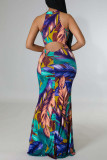 Colour Sexy Print Patchwork O Neck Long Dress Dresses