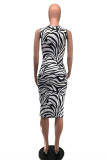 Black White Fashion Casual Print Hollowed Out O Neck Sleeveless Dress