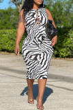Black White Fashion Casual Print Hollowed Out O Neck Sleeveless Dress