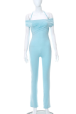 Blue Sexy Solid Patchwork Halter Skinny Jumpsuits