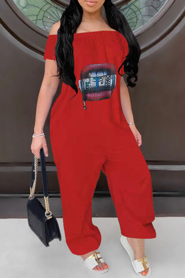 Red Casual Print Patchwork Off the Shoulder Loose Jumpsuits