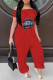 Red Casual Print Patchwork Off the Shoulder Loose Jumpsuits