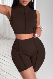 Coffee Casual Sportswear Solid Patchwork O Neck Sleeveless Two Pieces